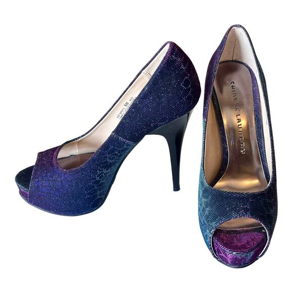 Chinese Laundry Platform Pumps Hot Spots Shoes Women Sz 6 Peep Toe Blue Purple - Picture 12 of 14